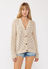 [Color: Vanilla] A front facing image of a blonde model wearing wearing a light 
beige pointelle cardigan with an open knit design, button front, v-neckline, long sleeves, and ribbed trim, ideal for versatile spring layering.