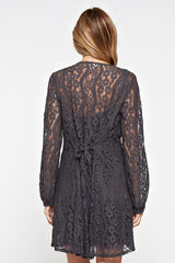 [Color: Dark Grey] A lace mini dress featuring a flattering v neckline and waist defining self tie belt, and long sheer lace sleeves.