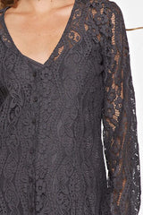 [Color: Dark Grey] A lace mini dress featuring a flattering v neckline and waist defining self tie belt, and long sheer lace sleeves.