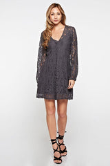 [Color: Dark Grey] A lace mini dress featuring a flattering v neckline and waist defining self tie belt, and long sheer lace sleeves.