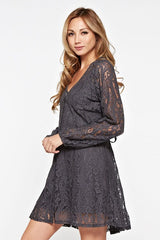 [Color: Dark Grey] A lace mini dress featuring a flattering v neckline and waist defining self tie belt, and long sheer lace sleeves.