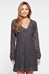 [Color: Dark Grey] A lace mini dress featuring a flattering v neckline and waist defining self tie belt, and long sheer lace sleeves.