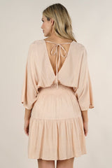 [Color: Peach/Gold] Lovestitch adorable cute and casual mini dress with long flattering kimono sleeves, a V-neckline and V-back with tie details. Smocked waist for a flattering fit.