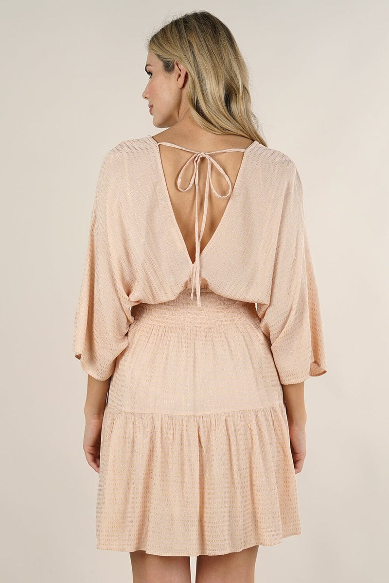 [Color: Peach/Gold] Lovestitch adorable cute and casual mini dress with long flattering kimono sleeves, a V-neckline and V-back with tie details. Smocked waist for a flattering fit.