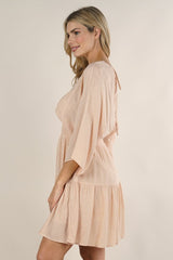 [Color: Peach/Gold] Lovestitch adorable cute and casual mini dress with long flattering kimono sleeves, a V-neckline and V-back with tie details. Smocked waist for a flattering fit.