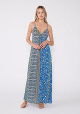 [Color: Blue/Lime] An ultra bohemian maxi dress with metallic pinstripe details. This blue, floral summer maxi dress features a v neckline, adjustable cross back straps, and an empire waistline. Perfect dress for vacation or casual outings.