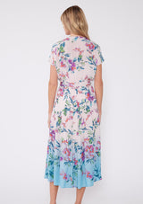 [Color: Light Pink/Purple} A vibrant floral midi dress perfect for vacation. Features a flattering  v neckline with pleated details, short sleeves, adjustable waist belt, smocked back, and front slits. 