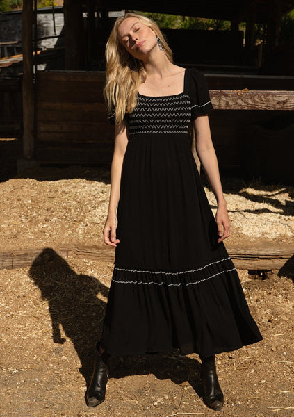 Women's Black Flowy Smocked Maxi Dress + Embroidery