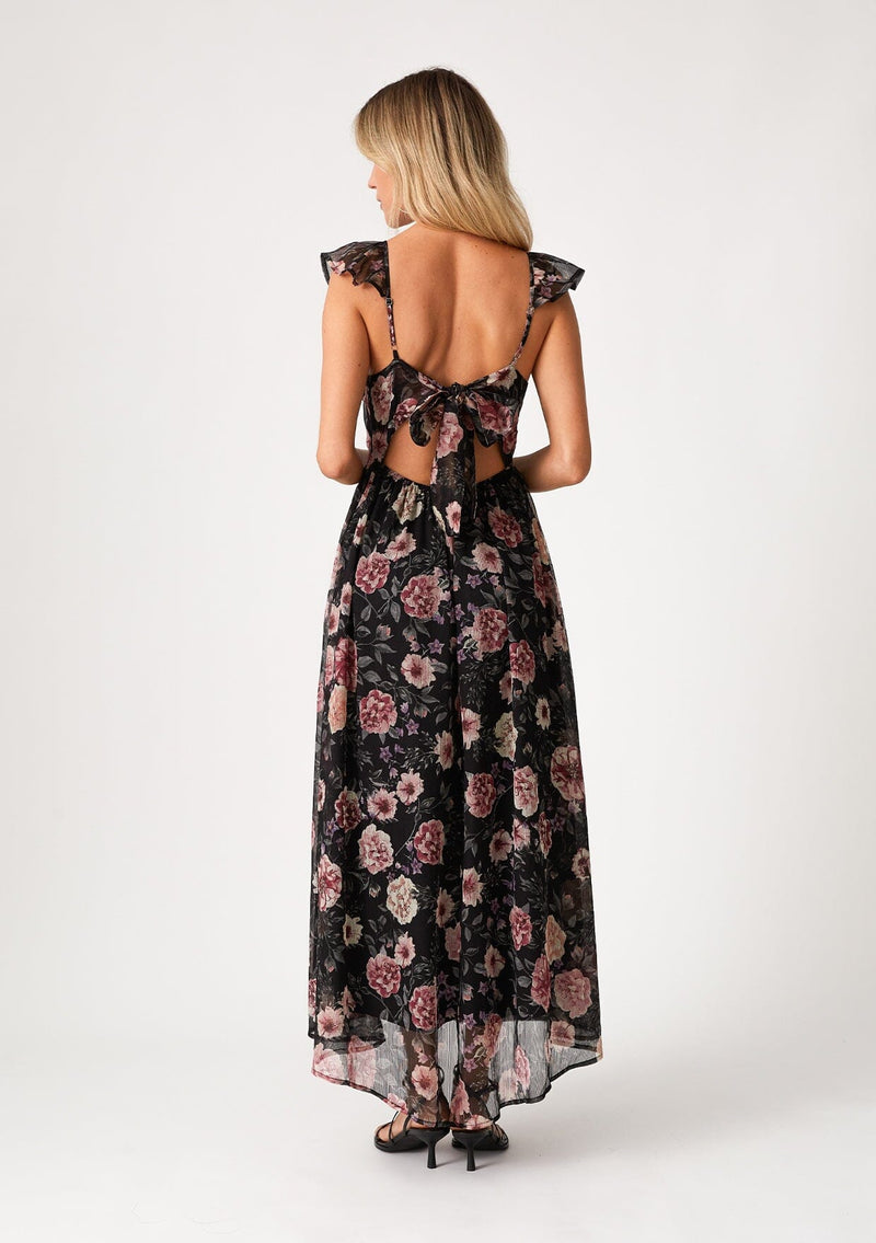 Women's Pretty Black & Pink Floral Chiffon Maxi Dress | LOVESTITCH