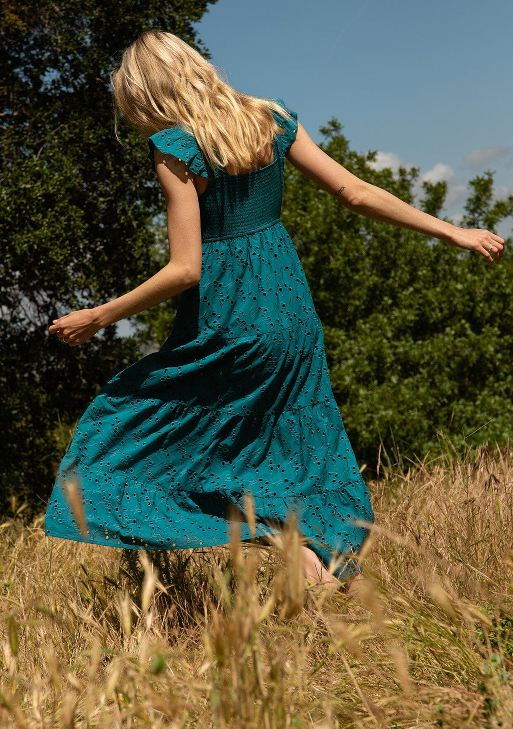 Women's Teal Blue Cotton Embroidered Eyelet Maxi Dress