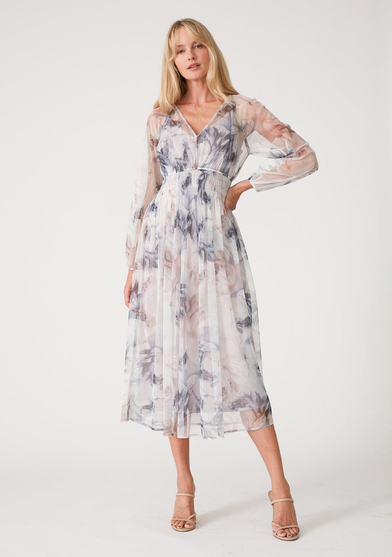 Georgette Cinched-Sleeve Maxi Dress in Fall Flowers