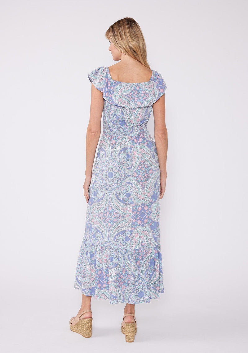 [Color: Periwinkle/Jade] This paisley maxi dress features an elastic neckline with a layered ruffle trim for effortless off-shoulder styling, a smocked waistline for comfort, and a ruffle trimmed hem. A chic and versatile style for summer.