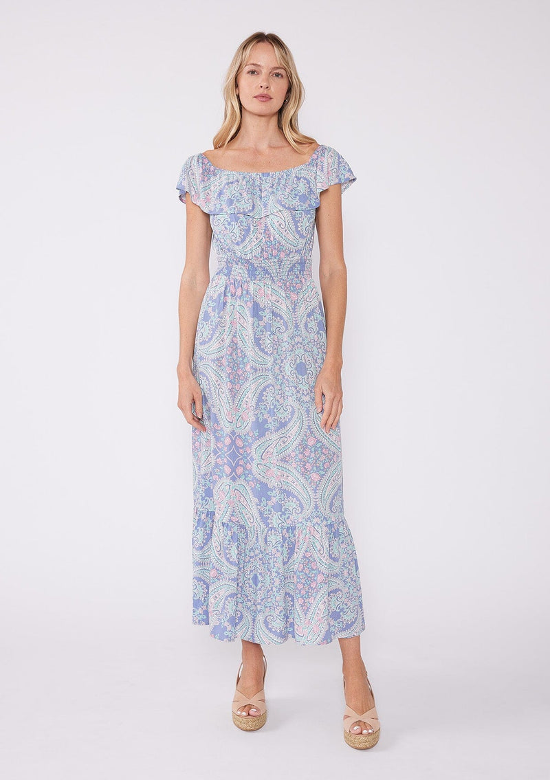 [Color: Periwinkle/Jade] This paisley maxi dress features an elastic neckline with a layered ruffle trim for effortless off-shoulder styling, a smocked waistline for comfort, and a ruffle trimmed hem. A chic and versatile style for summer. 