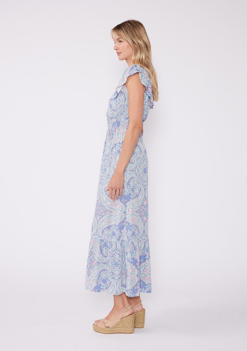 [Color: Periwinkle/Jade] This paisley maxi dress features an elastic neckline with a layered ruffle trim for effortless off-shoulder styling, a smocked waistline for comfort, and a ruffle trimmed hem. A chic and versatile style for summer.