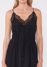 [Color: Black] Cute little black mini dress featuring a lace v neckline, racer back, spaghetti straps and a flattering adjustable cinched waist. 