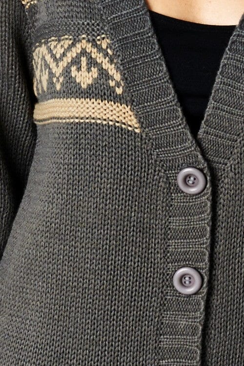 [Color: Grey/Taupe] A detail image of a brunette model wearing a black and beige button front cardigan with a southwestern design, long sleeves, deep v-neckline, and ribbed trim. 