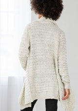 [Color: Cream/Black] A bohemian speckled knit grey cardigan with long sleeves, an open front, and an oversized lapel. 