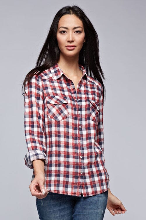 [Color: Cream/Multi] A brunette model wearing a red blue plaid shirt with a collared neckline, snap button front, long sleeves, and patch pockets. 