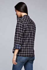 [Color: Black/Grey] Lovestitch black and grey, long sleeve, double gauze, bleach wash snap front shirt in black and grey plaid.