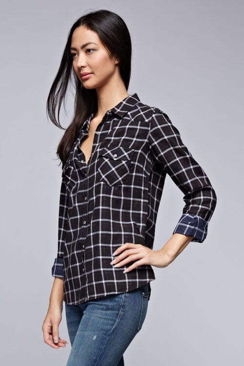 [Color: Black/Grey] Lovestitch black and grey, long sleeve, double gauze, bleach wash snap front shirt in black and grey plaid.