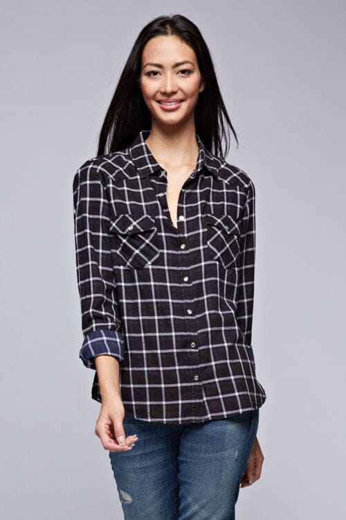 [Color: Black/Grey] Lovestitch black and grey, long sleeve, double gauze, bleach wash snap front shirt in black and grey plaid.