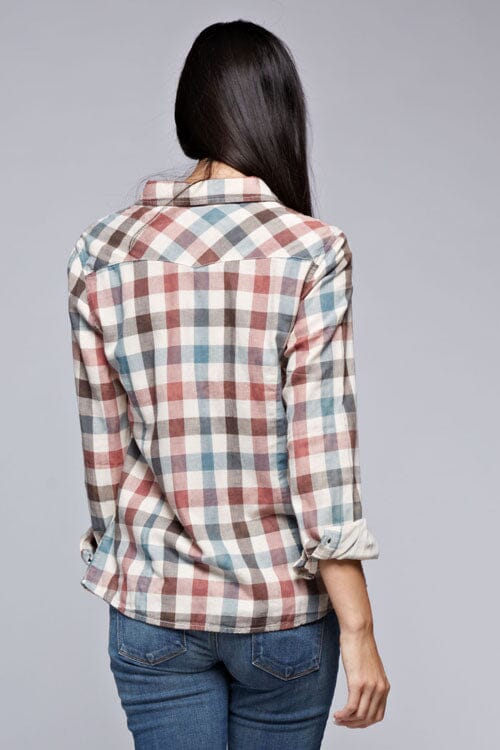 [Color: Natural/Multi] Lovestitch long sleeve, double gauze, bleach wash, multi-colored checkered plaid, snap front shirt with two pocket detail. 