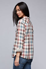 [Color: Natural/Multi] Lovestitch long sleeve, double gauze, bleach wash, multi-colored checkered plaid, snap front shirt with two pocket detail. 