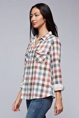 [Color: Natural/Multi] Lovestitch long sleeve, double gauze, bleach wash, multi-colored checkered plaid, snap front shirt with two pocket detail. 