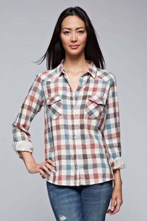 [Color: Natural/Multi] Lovestitch long sleeve, double gauze, bleach wash, multi-colored checkered plaid, snap front shirt with two pocket detail. 