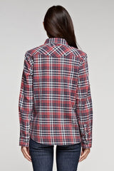 [Color: Red/Black/OffWhite] Lovestitch red long sleeve, snap front plaid shirt in burnt wash with two pocket detail.