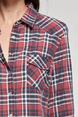 [Color: Red/Black/OffWhite] Lovestitch red long sleeve, snap front plaid shirt in burnt wash with two pocket detail.