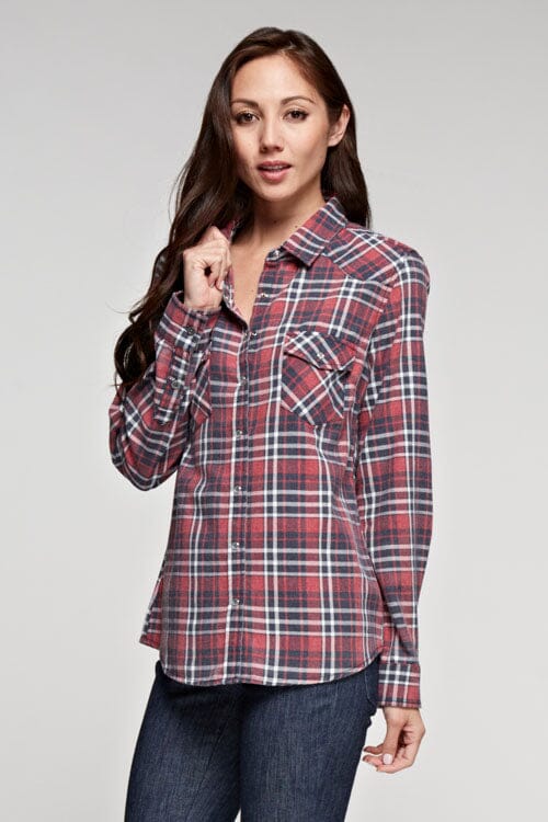 [Color: Red/Black/OffWhite] Lovestitch red long sleeve, snap front plaid shirt in burnt wash with two pocket detail.