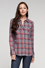 [Color: Red/Black/OffWhite] Lovestitch red long sleeve, snap front plaid shirt in burnt wash with two pocket detail.