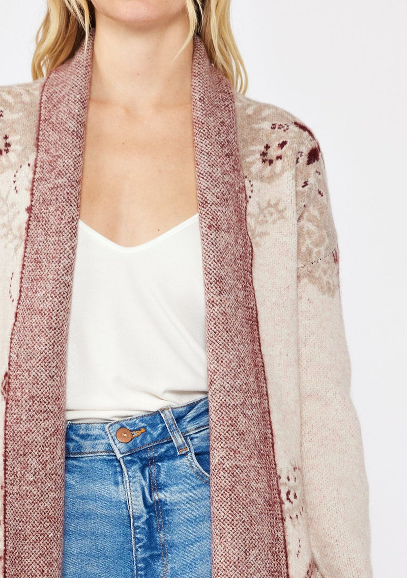 [Color: Natural/Burgundy] An ultra bohemian cardigan with a red and beige print. A cozy fall sweater with an open front, long sleeve, shawl collar, and an adjustable waist belt. Perfect for cooler temperatures and can be easily styled with denim jeans.