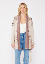 [Color: Natural/Burgundy] An ultra bohemian cardigan with a red and beige print. A cozy fall sweater with an open front, long sleeve, shawl collar, and an adjustable waist belt. Perfect for cooler temperatures and can be easily styled with denim jeans. 