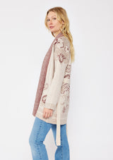 [Color: Natural/Burgundy] An ultra bohemian cardigan with a red and beige print. A cozy fall sweater with an open front, long sleeve, shawl collar, and an adjustable waist belt. Perfect for cooler temperatures and can be easily styled with denim jeans.