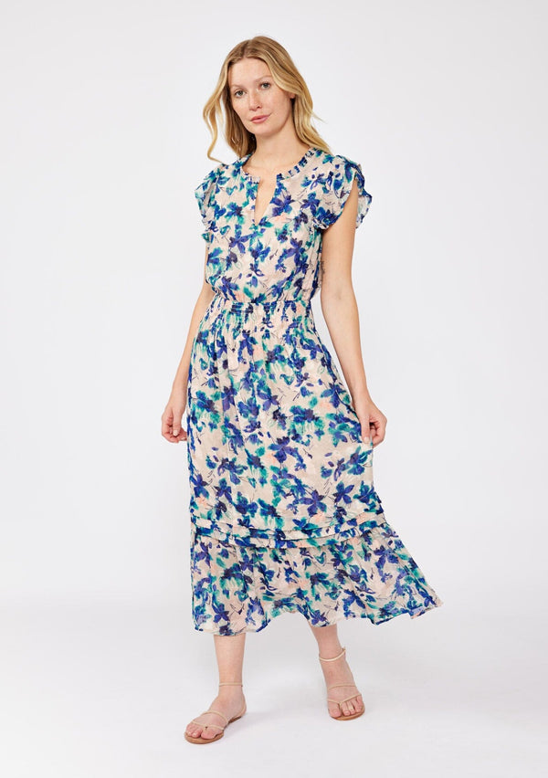 [Color: Natural/Teal] A pretty special occasion maxi dress in a textured chiffon and blue floral print. A smocked maxi dress with double flutter sleeves, split v neckline, and tiered skirt. A wedding guest dress or evening dinner dress styled with nude flats. 