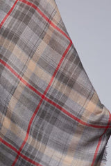 [Color: Grey/Red] A brunette model wearing an oversized grey and red plaid scarf with fringed trim, adding a versatile and eye-catching accent to her outfit.