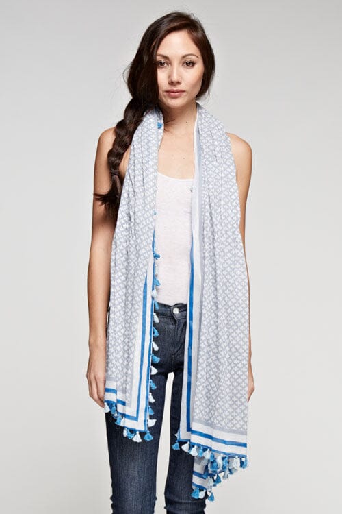 [Color: Grey/Blue] A blue tile border print rectangular scarf with a sheer lightweight feel and a tassel trim. Perfect for elevating any casual look. 