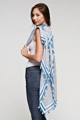 [Color: Grey/Blue] A blue tile border print rectangular scarf with a sheer lightweight feel and a tassel trim. Perfect for elevating any casual look. 