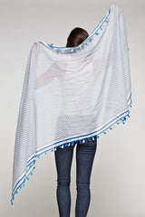 [Color: Grey/Blue] A blue tile border print rectangular scarf with a sheer lightweight feel and a tassel trim. Perfect for elevating any casual look. 