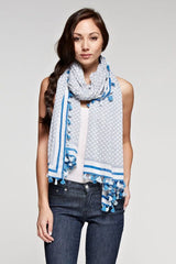 [Color: Grey/Blue] A blue tile border print rectangular scarf with a sheer lightweight feel and a tassel trim. Perfect for elevating any casual look. 