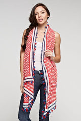 [Color: Red/Navy] A red and blue tile border print rectangular scarf with a sheer lightweight feel and a tassel trim. Perfect for elevating any casual look. 