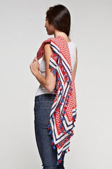 [Color: Red/Navy] A red and blue tile border print rectangular scarf with a sheer lightweight feel and a tassel trim. Perfect for elevating any casual look. 