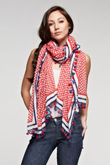 [Color: Red/Navy] A red and blue tile border print rectangular scarf with a sheer lightweight feel and a tassel trim. Perfect for elevating any casual look. 