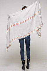 [Color: Grey/Berry] A brunette model wearing an oversized long grey scarf with a red striped border design