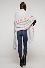 [Color: Grey/Berry] A brunette model wearing an oversized long grey scarf with a red striped border design