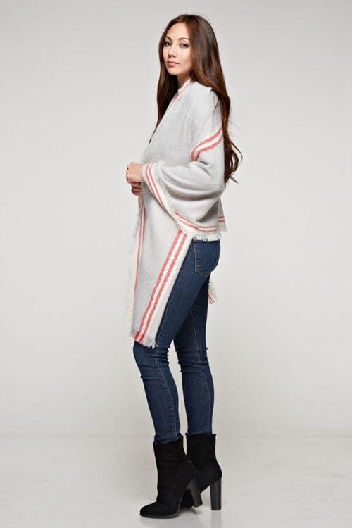 [Color: Grey/Berry] A brunette model wearing an oversized long grey scarf with a red striped border design