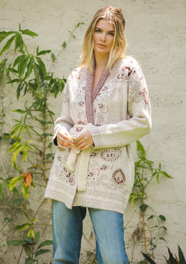 [Color: Natural/Burgundy] An ultra bohemian cardigan with a red and beige print. A cozy fall sweater with an open front, long sleeve, shawl collar, and an adjustable waist belt. Perfect for cooler temperatures and can be easily styled with denim jeans. 