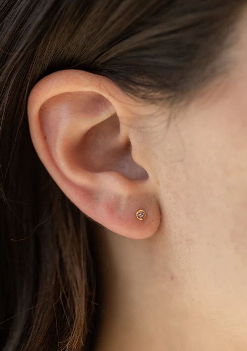 [Color: June] Dainty light pink 18k gold plated bezel set birthstone earrings.